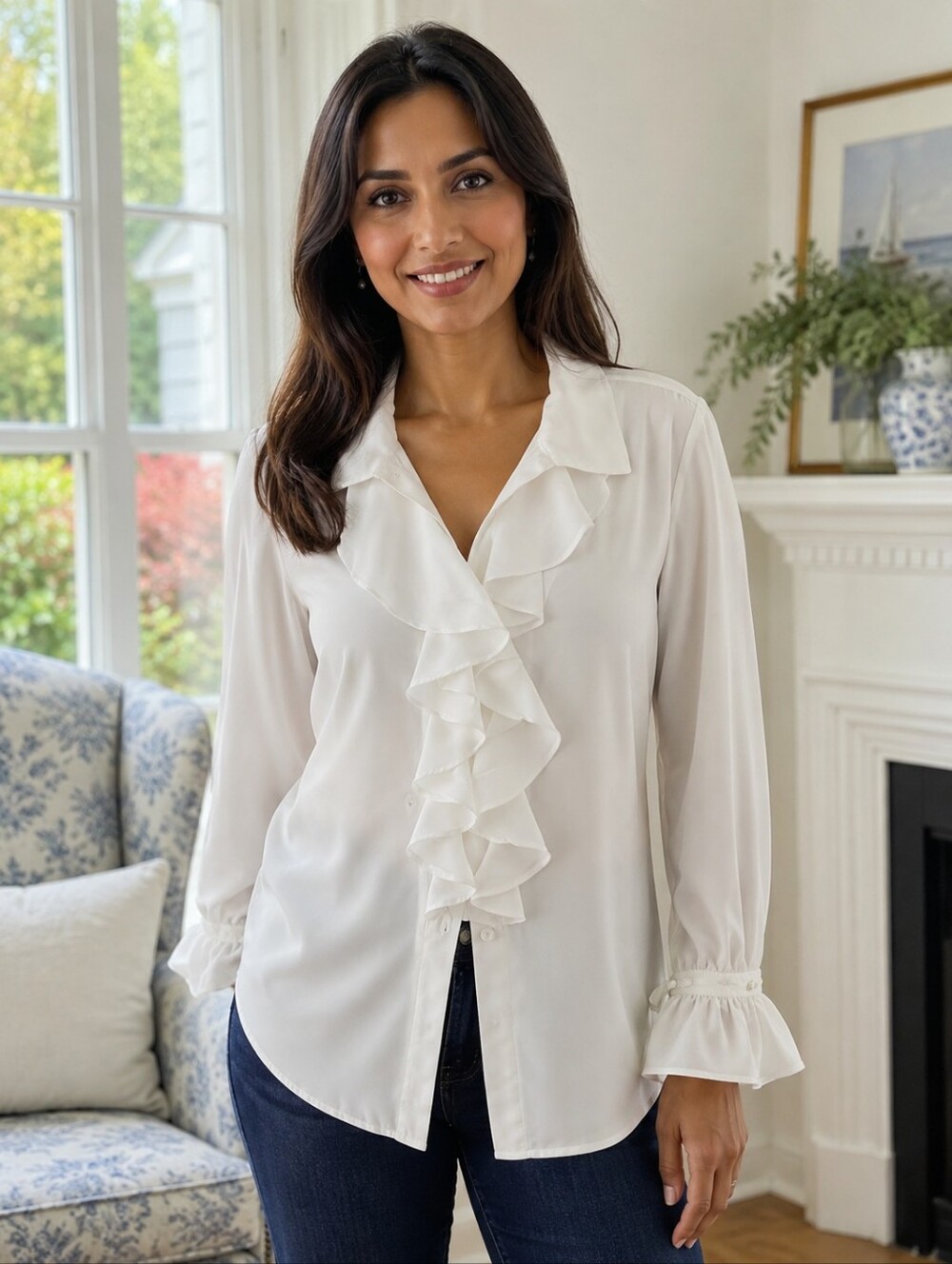 Karl Lagerfeld Pearlized Buttons Revere Collared Ruffled Crepe Blouse- Size: M